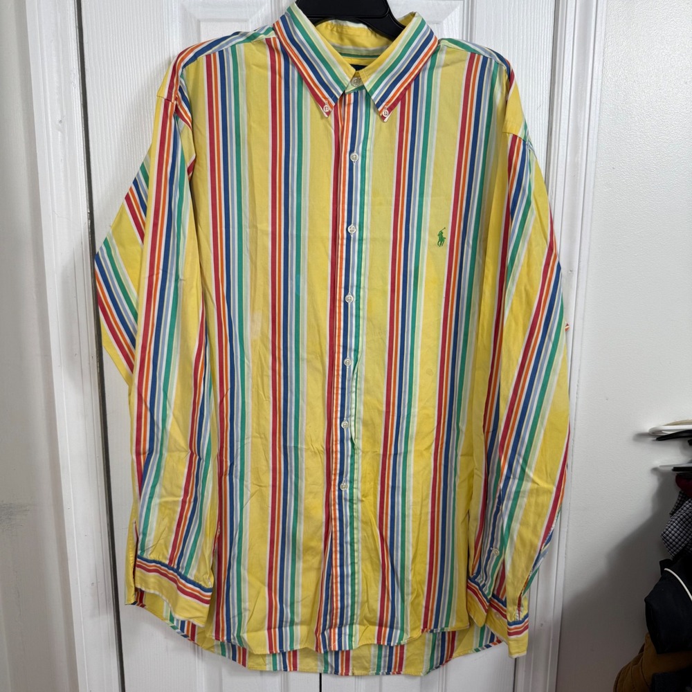 Ralph Lauren Striped Shirt XXL Yellow Multi Color Classic Fit Preppy 90s Retro
